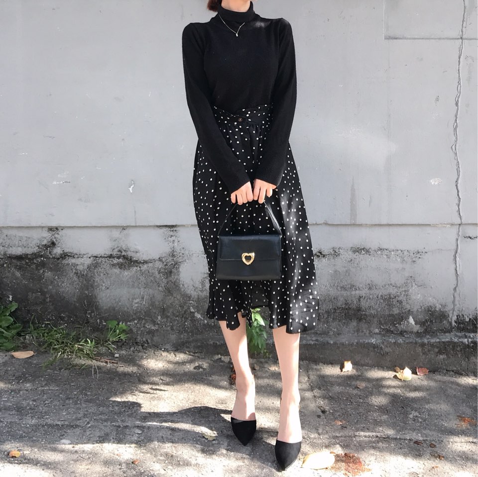 Autumn Frilled Dot Skirt Flare Midi Long Banding A