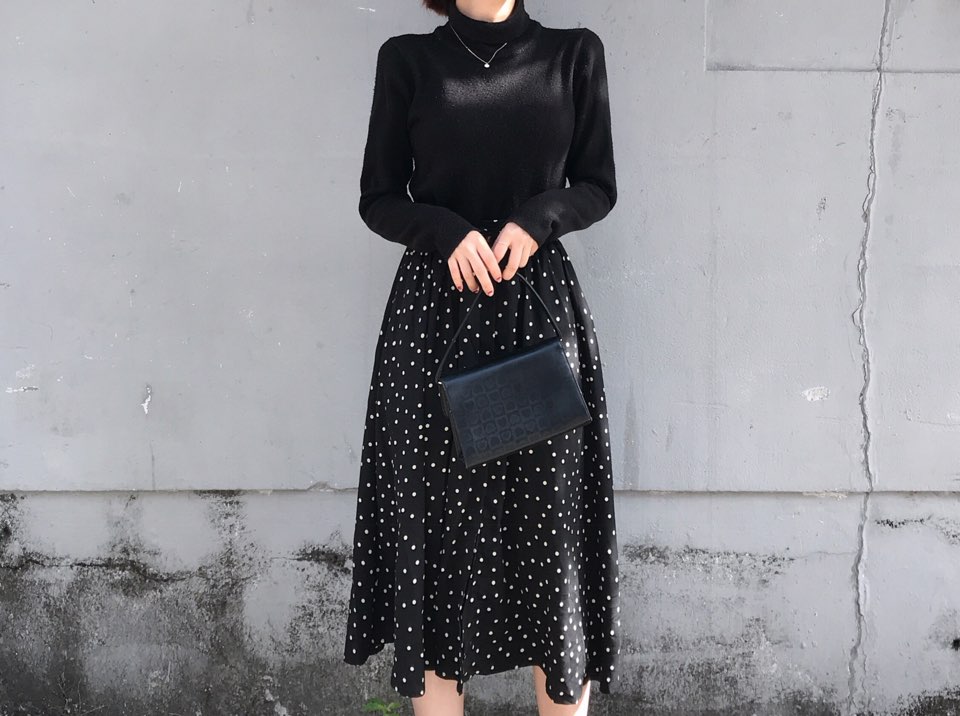 Autumn Frilled Dot Skirt Flare Midi Long Banding A