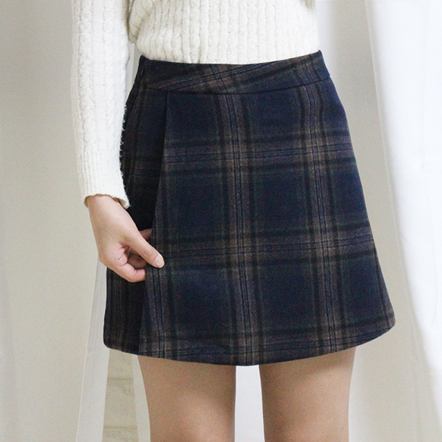Check woolen wool mini skirt brushed pants 44 ~ 77