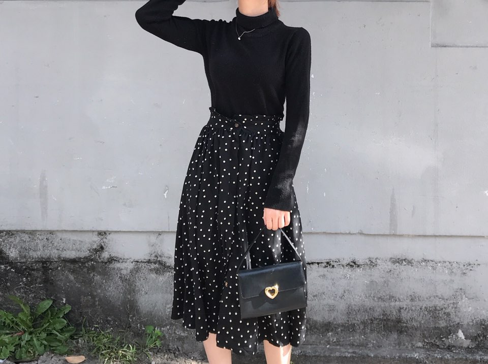 Autumn Frilled Dot Skirt Flare Midi Long Banding A