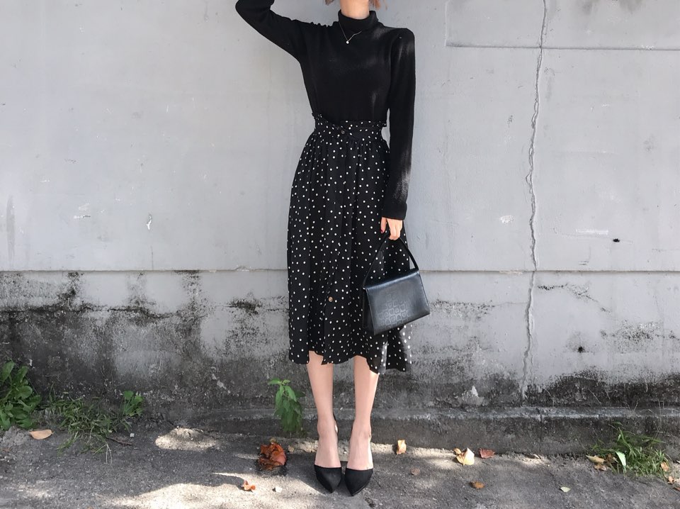 Autumn Frilled Dot Skirt Flare Midi Long Banding A