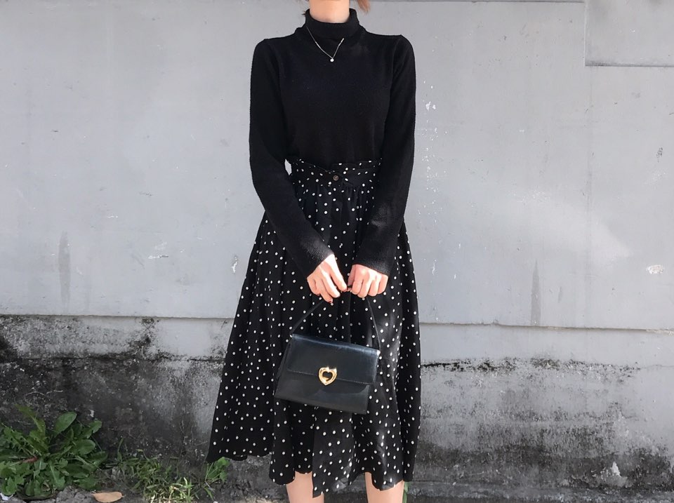 Autumn Frilled Dot Skirt Flare Midi Long Banding A