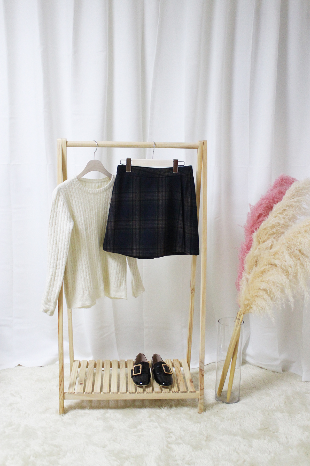 Check woolen wool mini skirt brushed pants 44 ~ 77