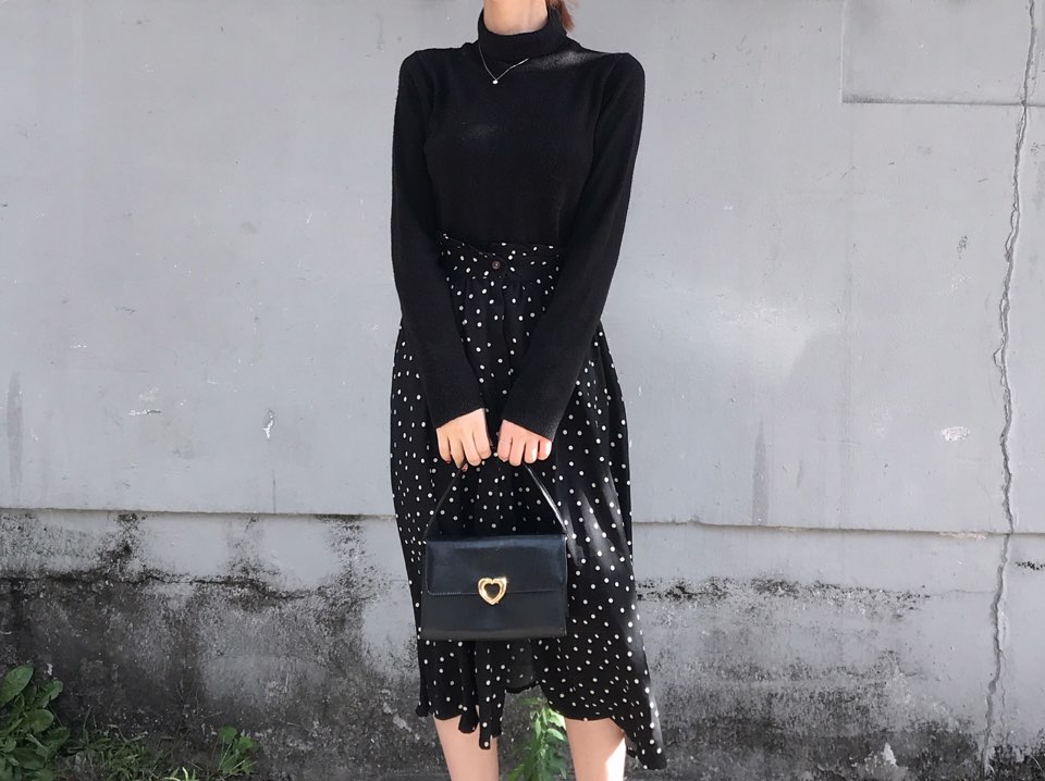 Autumn Frilled Dot Skirt Flare Midi Long Banding A