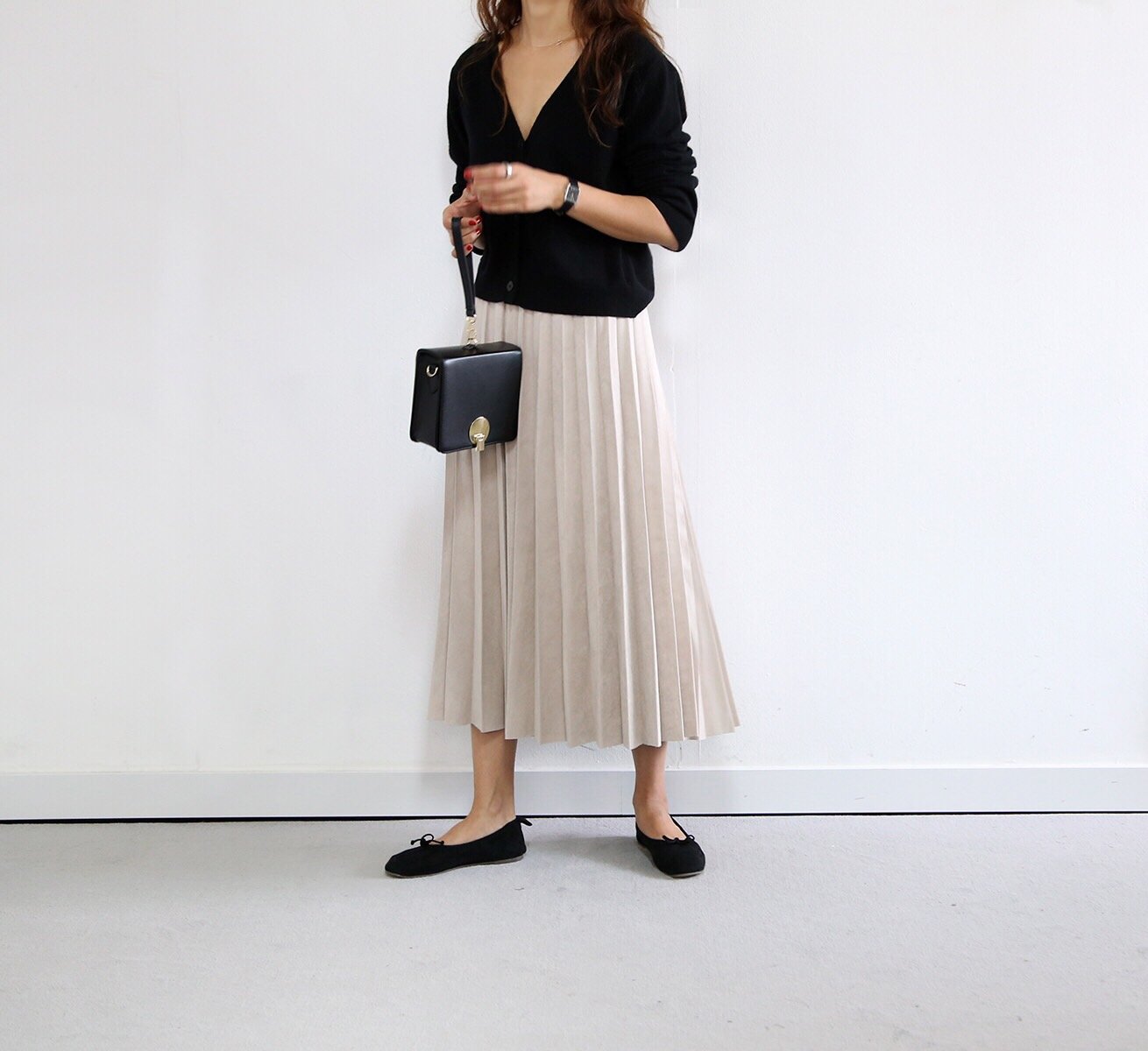 Tax pleat wrinkle long skirt color banding suede a