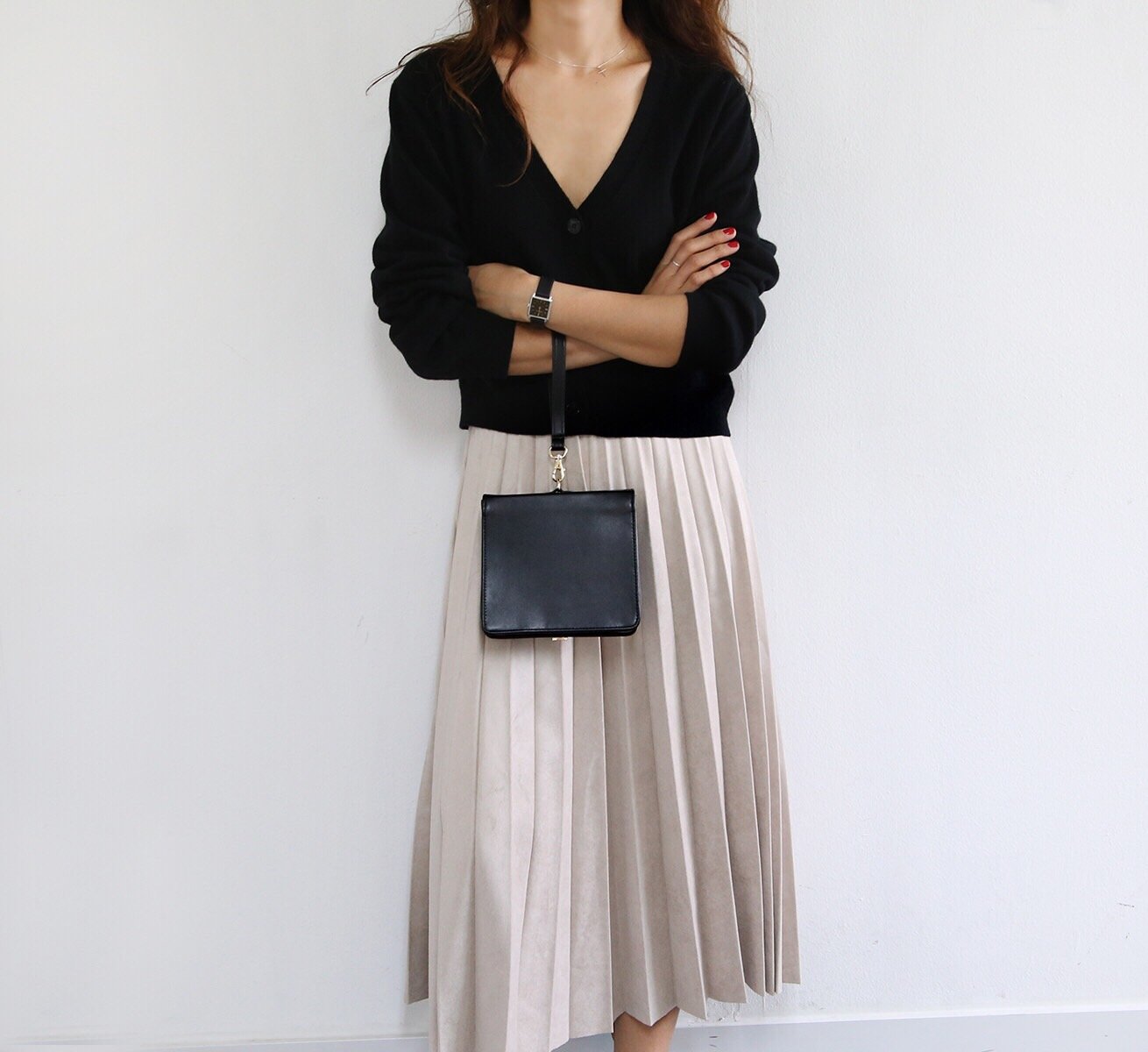 Tax pleat wrinkle long skirt color banding suede a