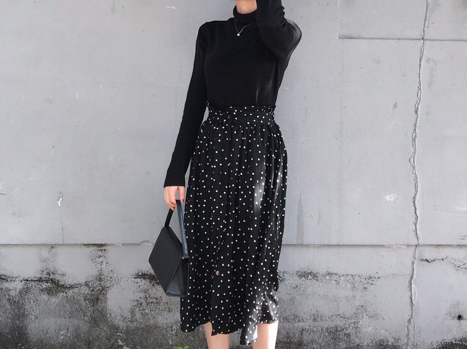 Autumn Frilled Dot Skirt Flare Midi Long Banding A