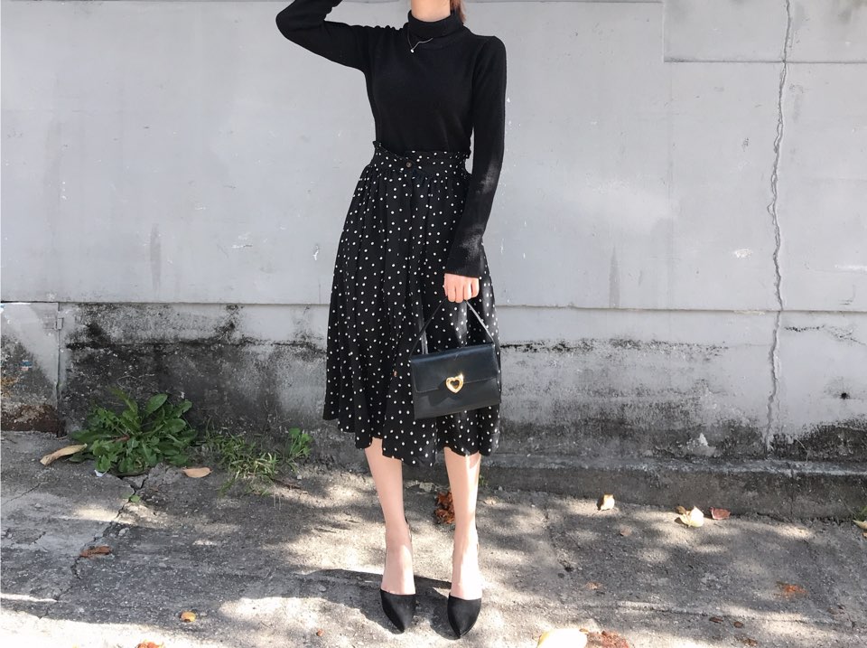 Autumn Frilled Dot Skirt Flare Midi Long Banding A
