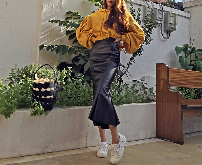 Mermaid Leather Flare Long Skirt Leather Pleated S