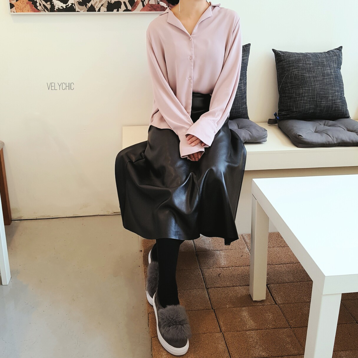 Long skirt leather A-line mom black Women's win