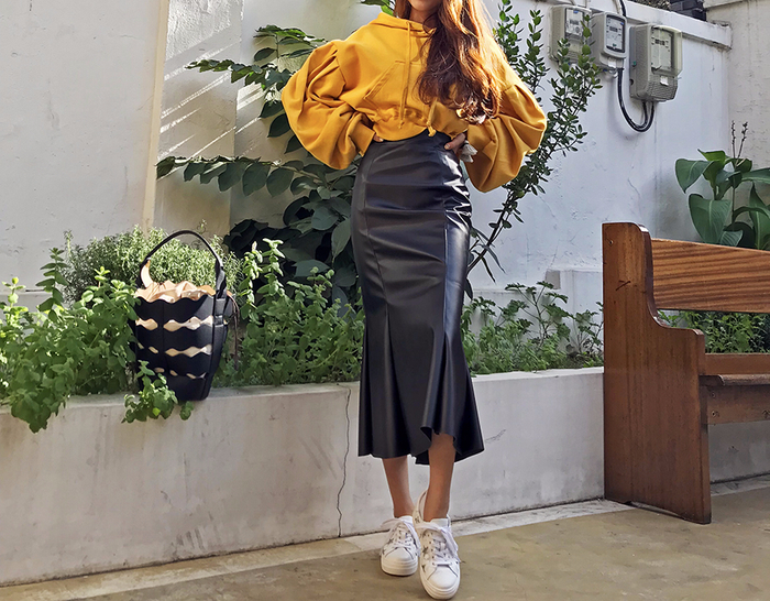 Mermaid Leather Flare Long Skirt Leather Pleated S