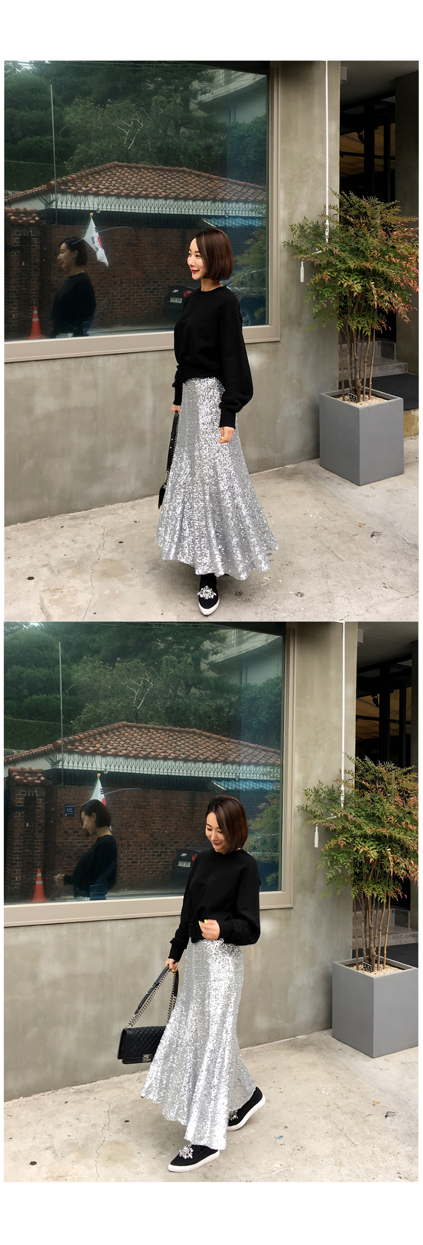 Spangle Long Skirt Point Look Flare Silver skirt f