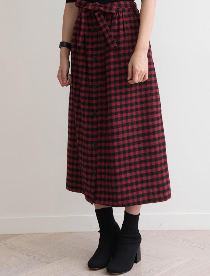 Front Button Check Ribbon Long Skirt Winter Autumn