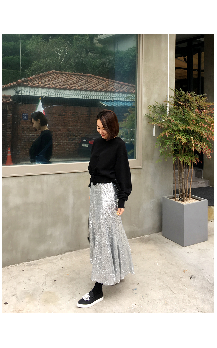 Spangle Long Skirt Point Look Flare Silver skirt f