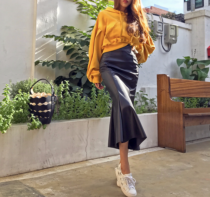 Mermaid Leather Flare Long Skirt Leather Pleated S