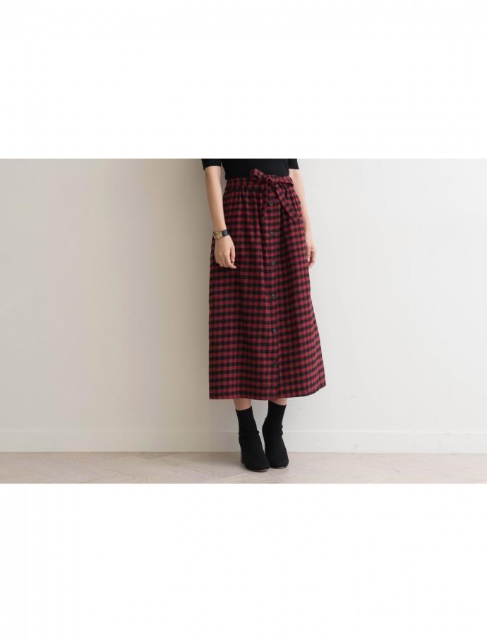 Front Button Check Ribbon Long Skirt Winter Autumn