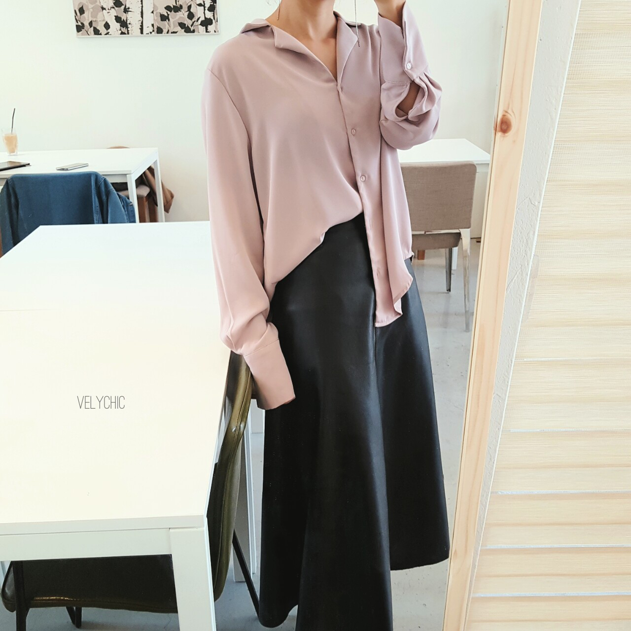 Long skirt leather A-line mom black Women's win