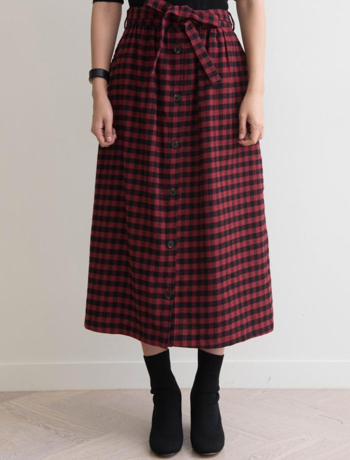 Front Button Check Ribbon Long Skirt Winter Autumn