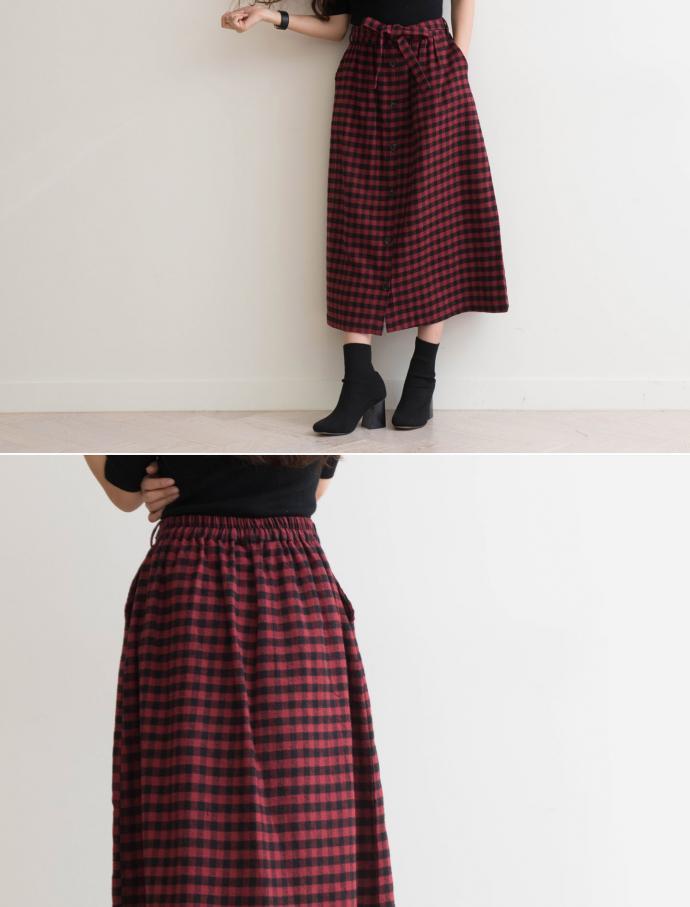 Front Button Check Ribbon Long Skirt Winter Autumn