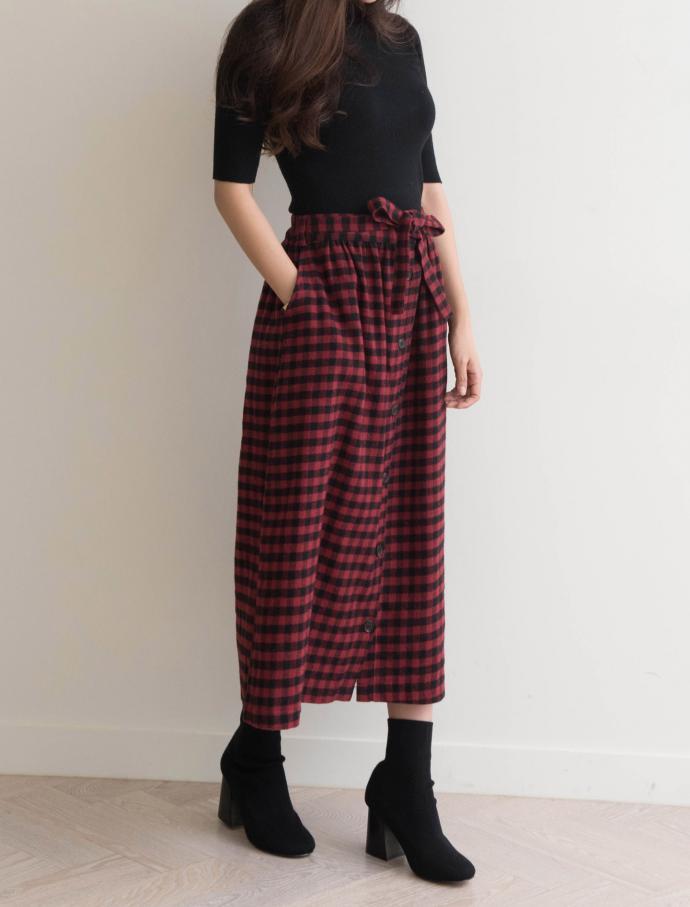 Front Button Check Ribbon Long Skirt Winter Autumn