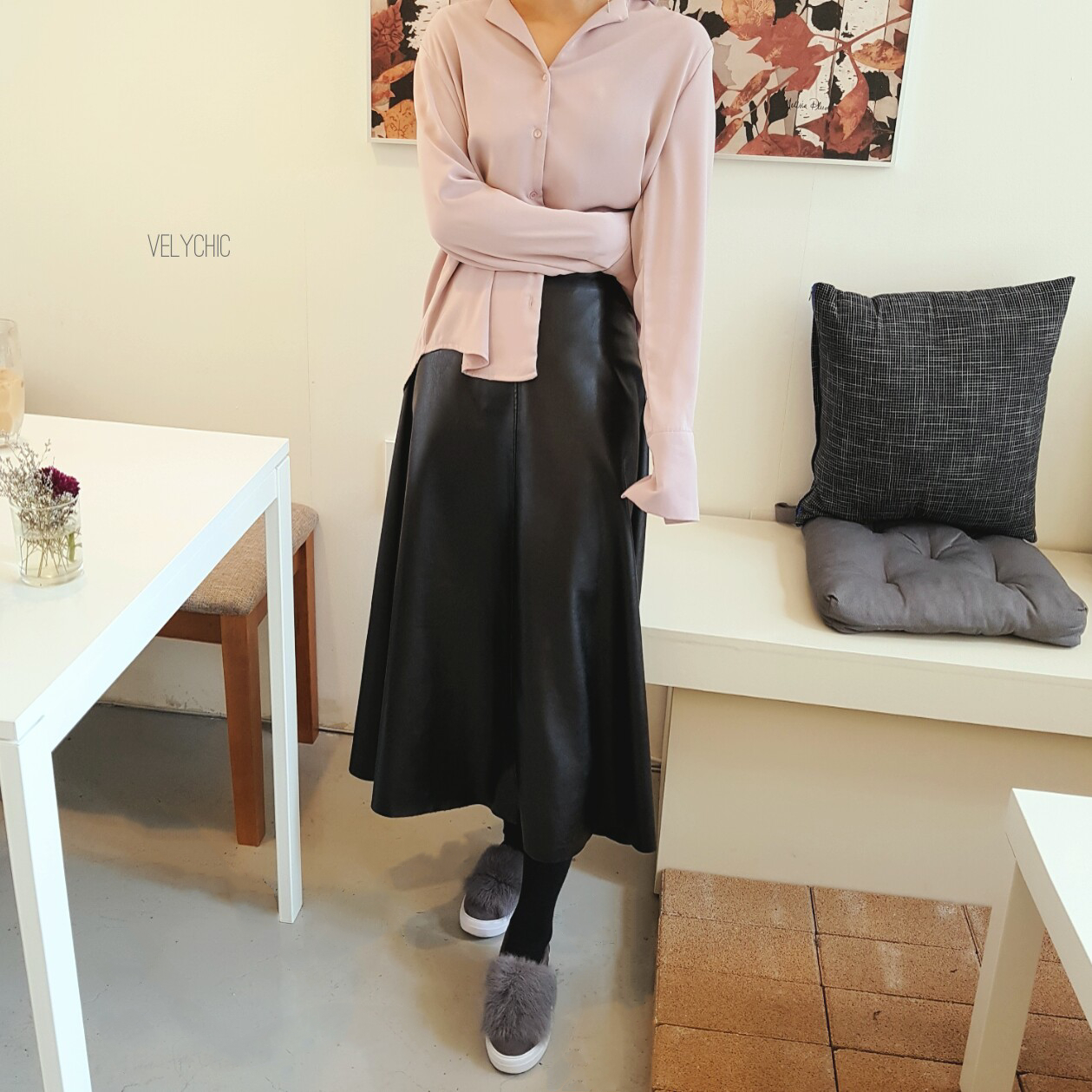 Long skirt leather A-line mom black Women's win