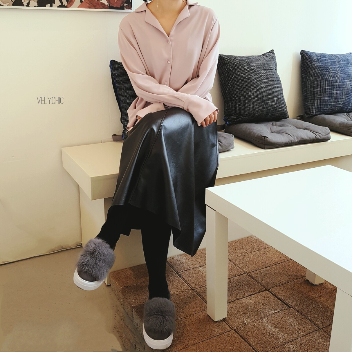 Long skirt leather A-line mom black Women's win