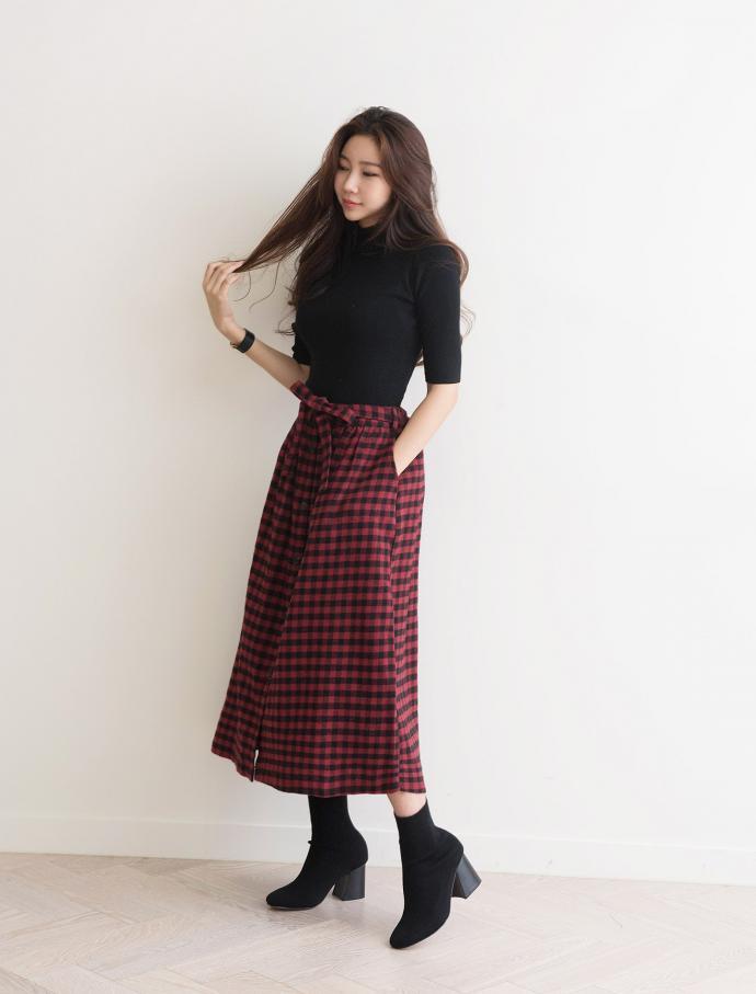 Front Button Check Ribbon Long Skirt Winter Autumn