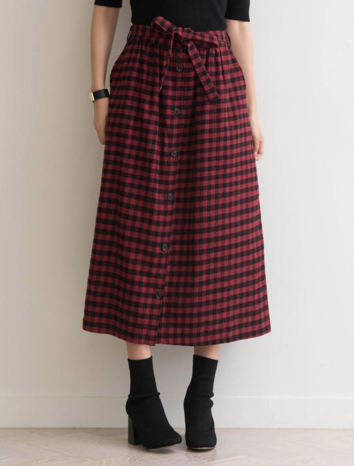 Front Button Check Ribbon Long Skirt Winter Autumn