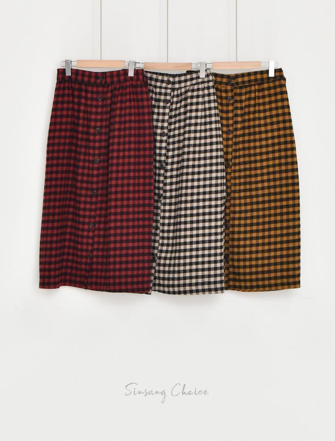 Front Button Check Ribbon Long Skirt Winter Autumn