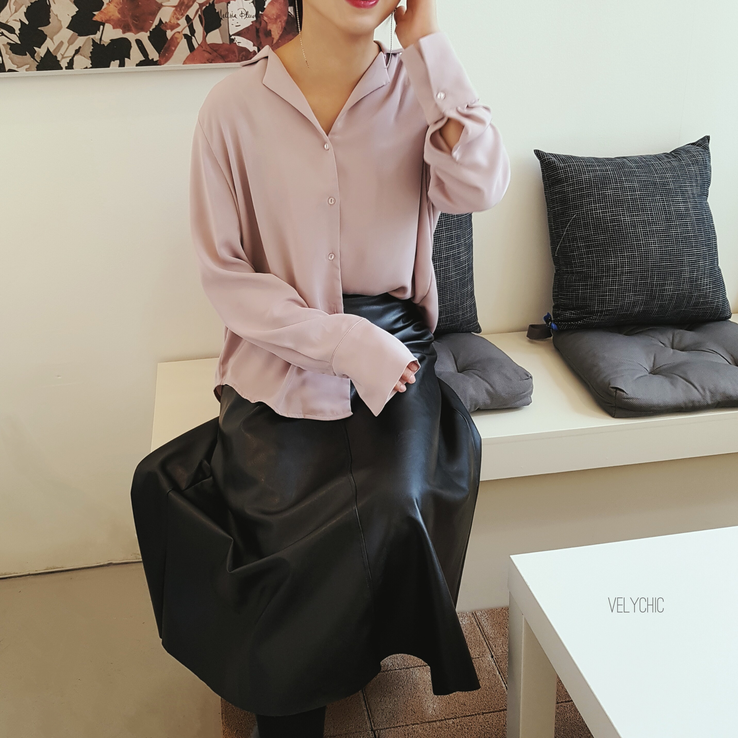 Long skirt leather A-line mom black Women's win