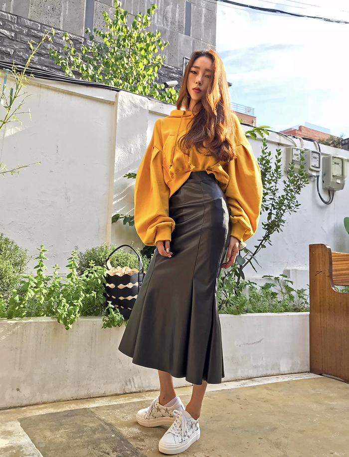 Mermaid Leather Flare Long Skirt Leather Pleated S