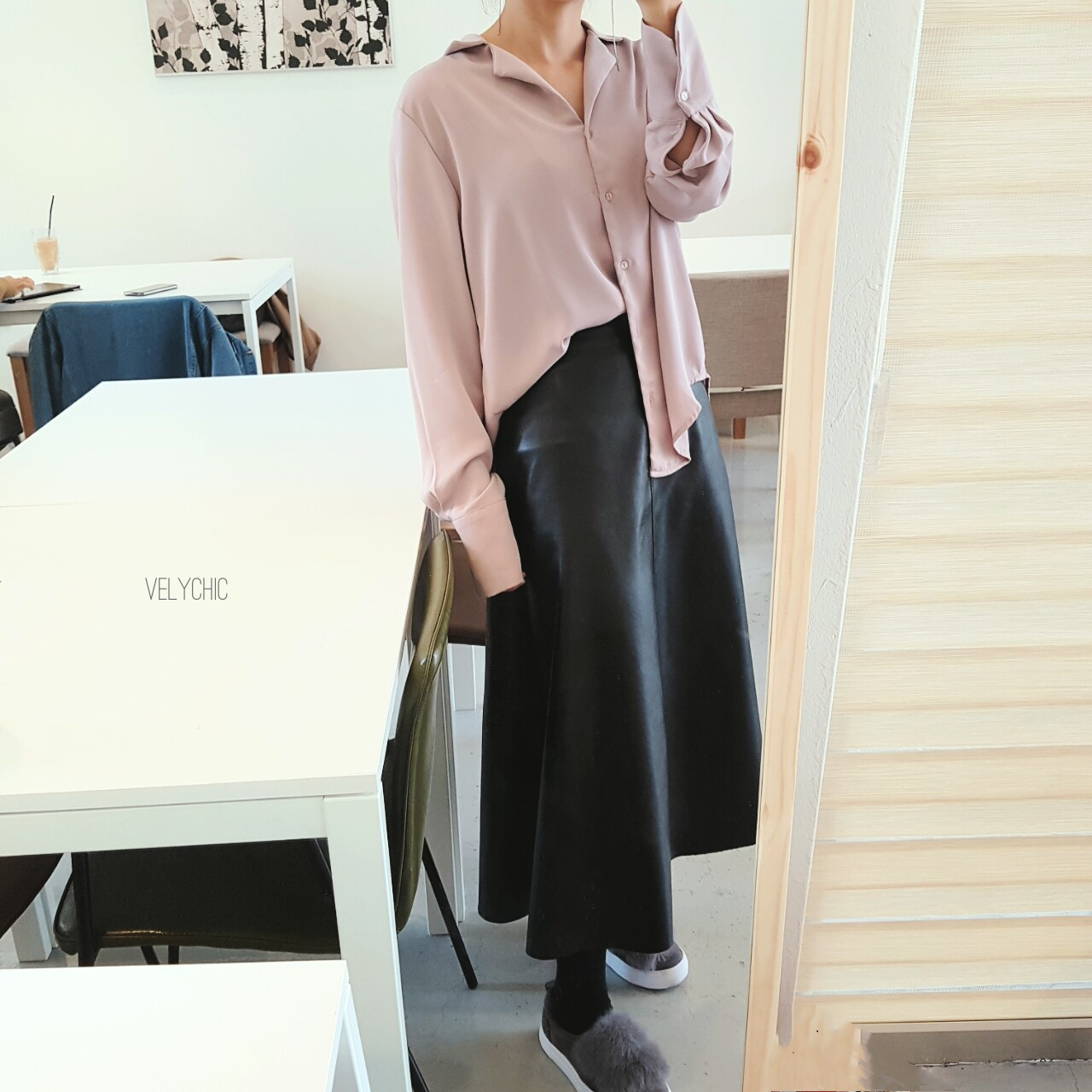 Long skirt leather A-line mom black Women's win