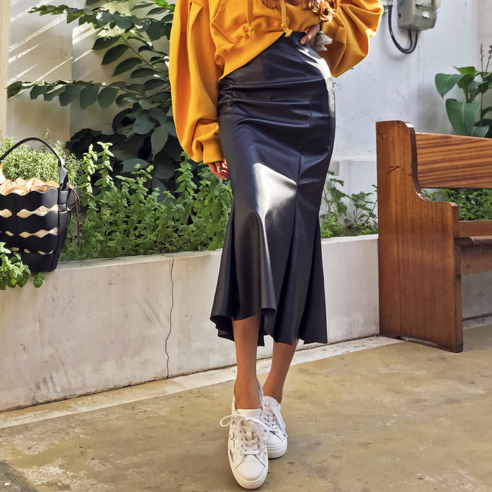 Mermaid Leather Flare Long Skirt Leather Pleated S