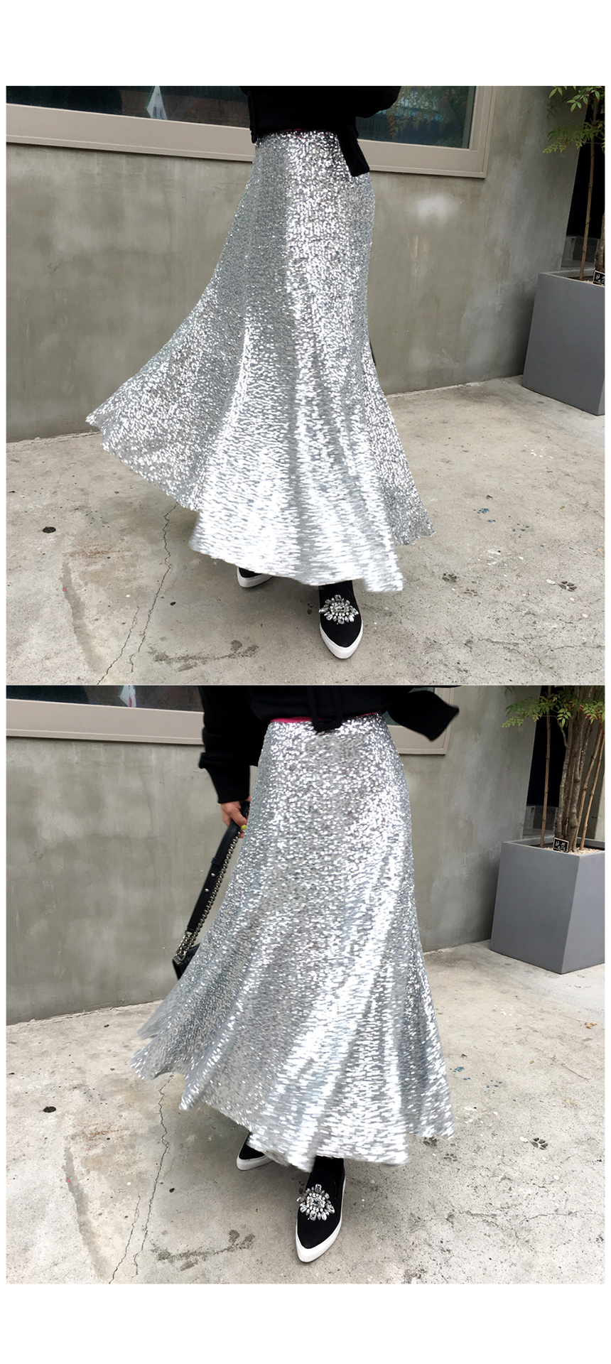 Spangle Long Skirt Point Look Flare Silver skirt f