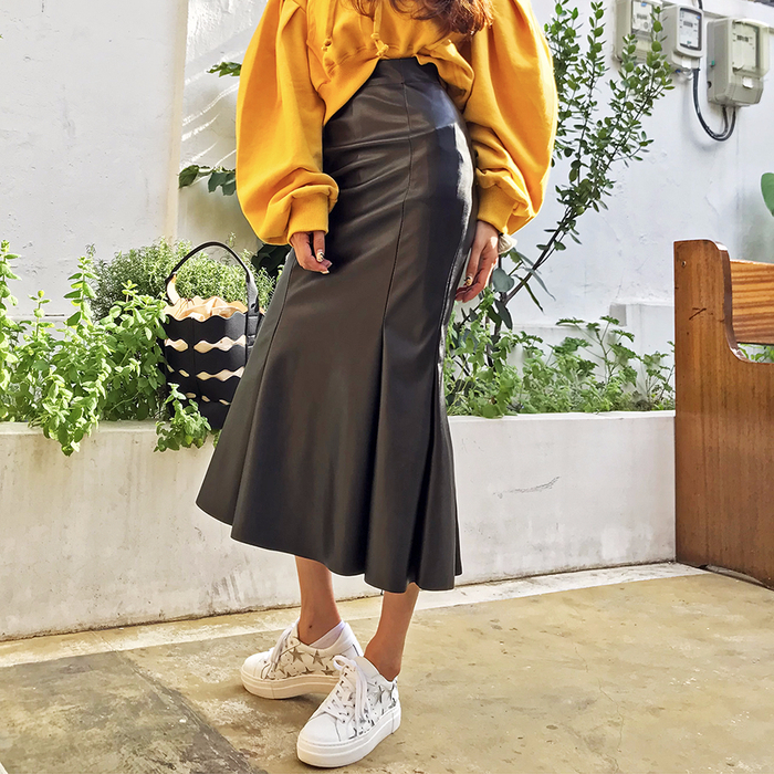 Mermaid Leather Flare Long Skirt Leather Pleated S