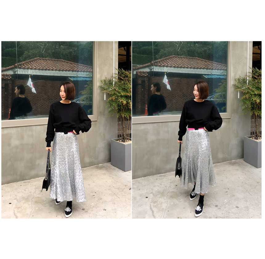 Spangle Long Skirt Point Look Flare Silver skirt f