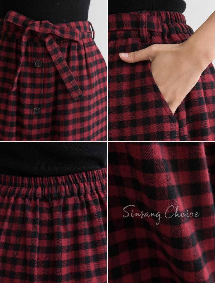 Front Button Check Ribbon Long Skirt Winter Autumn