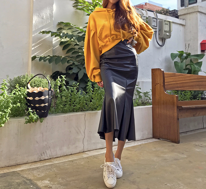 Mermaid Leather Flare Long Skirt Leather Pleated S