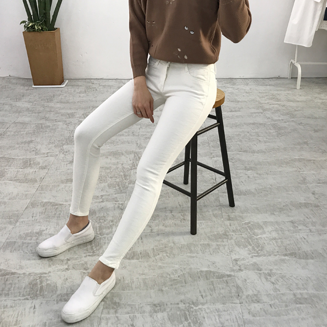 Korea Jeans Pants White Skinny Brushed Jeans Winte