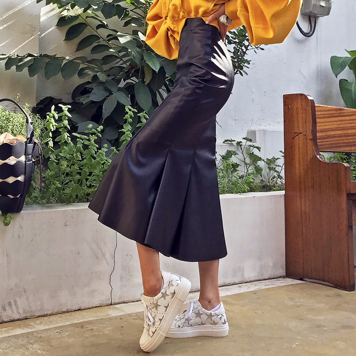 Mermaid Leather Flare Long Skirt Leather Pleated S