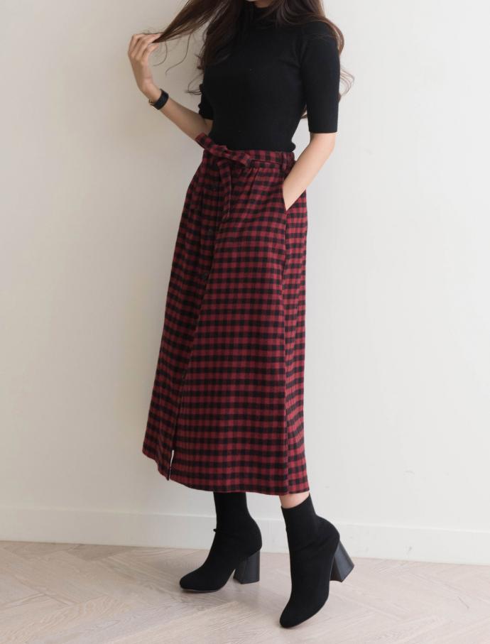 Front Button Check Ribbon Long Skirt Winter Autumn