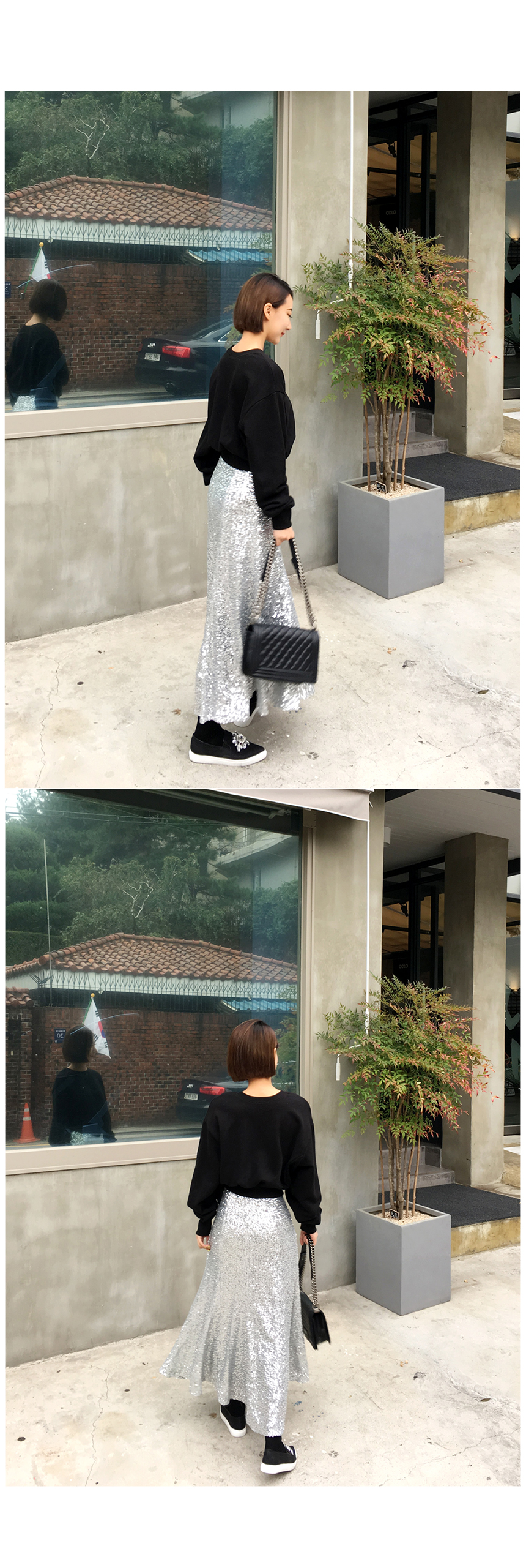 Spangle Long Skirt Point Look Flare Silver skirt f