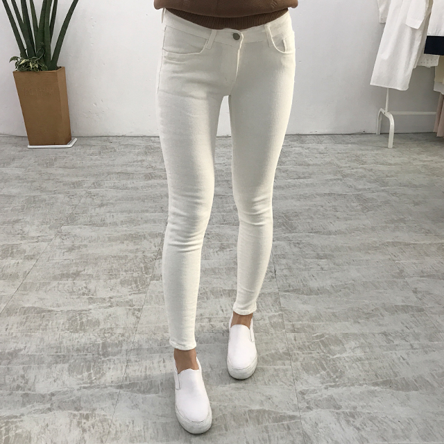 Korea Jeans Pants White Skinny Brushed Jeans Winte