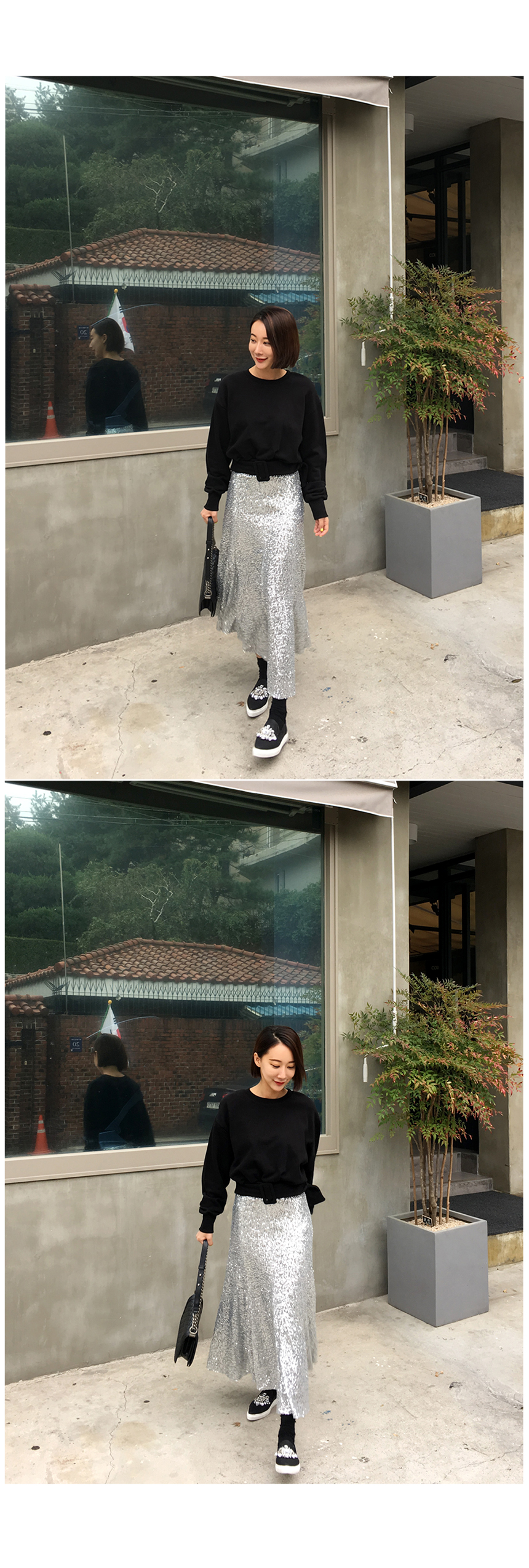 Spangle Long Skirt Point Look Flare Silver skirt f