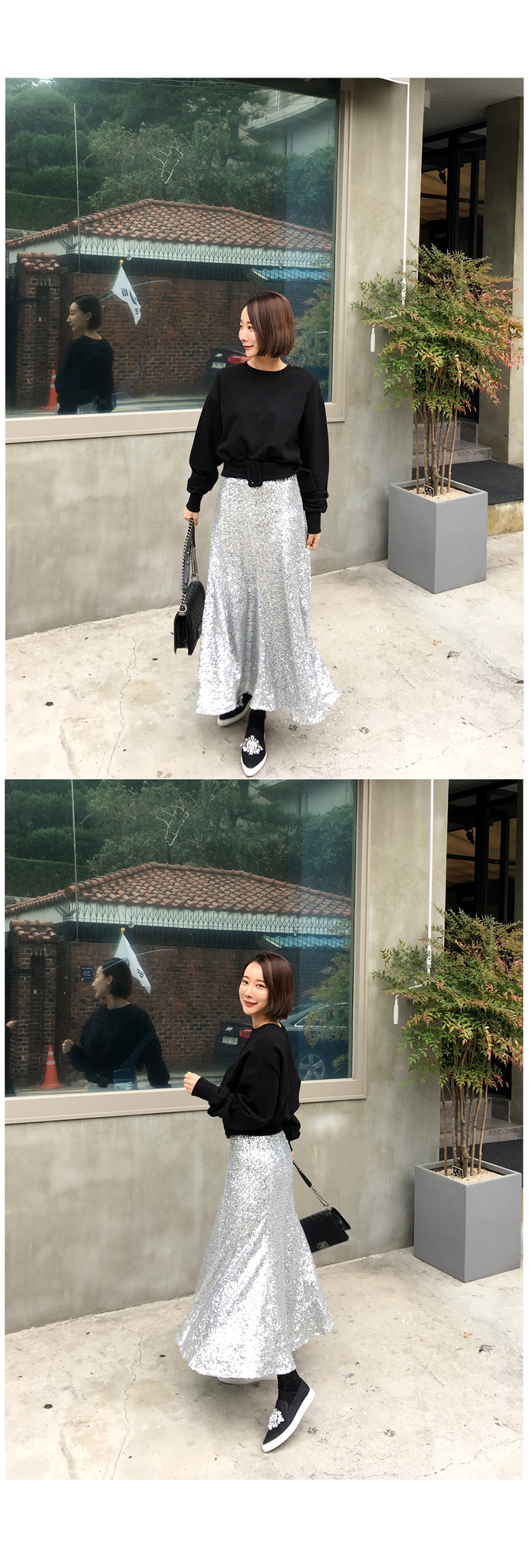 Spangle Long Skirt Point Look Flare Silver skirt f