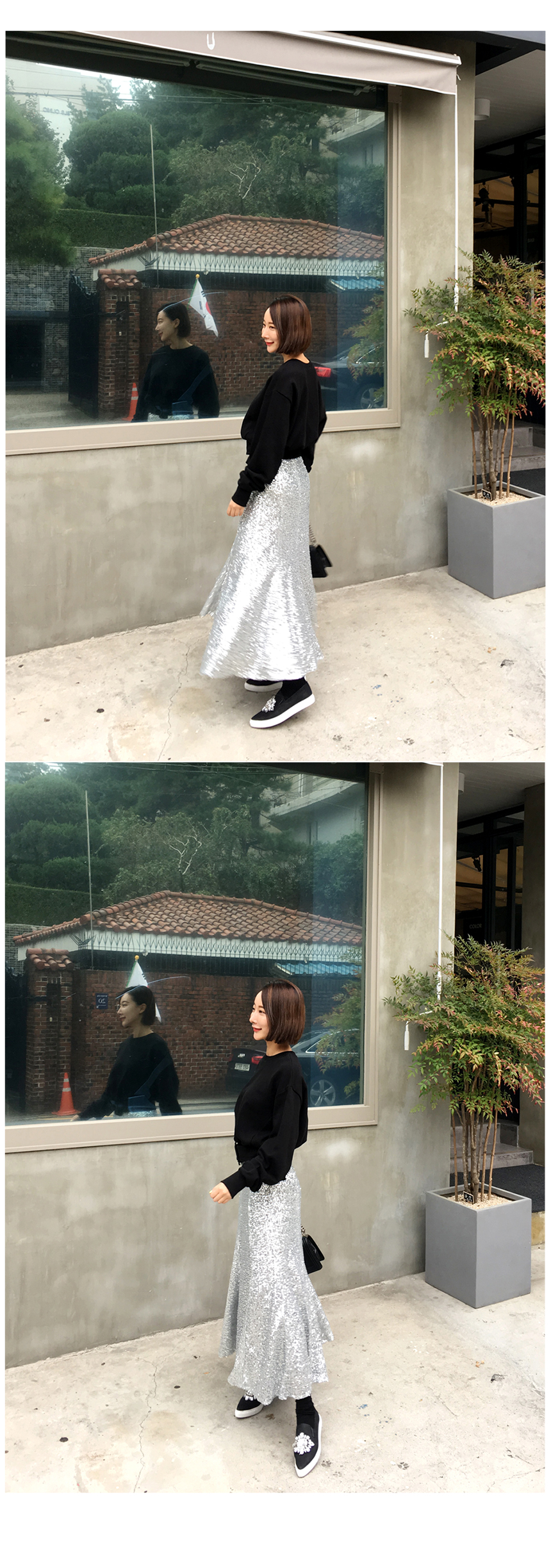 Spangle Long Skirt Point Look Flare Silver skirt f