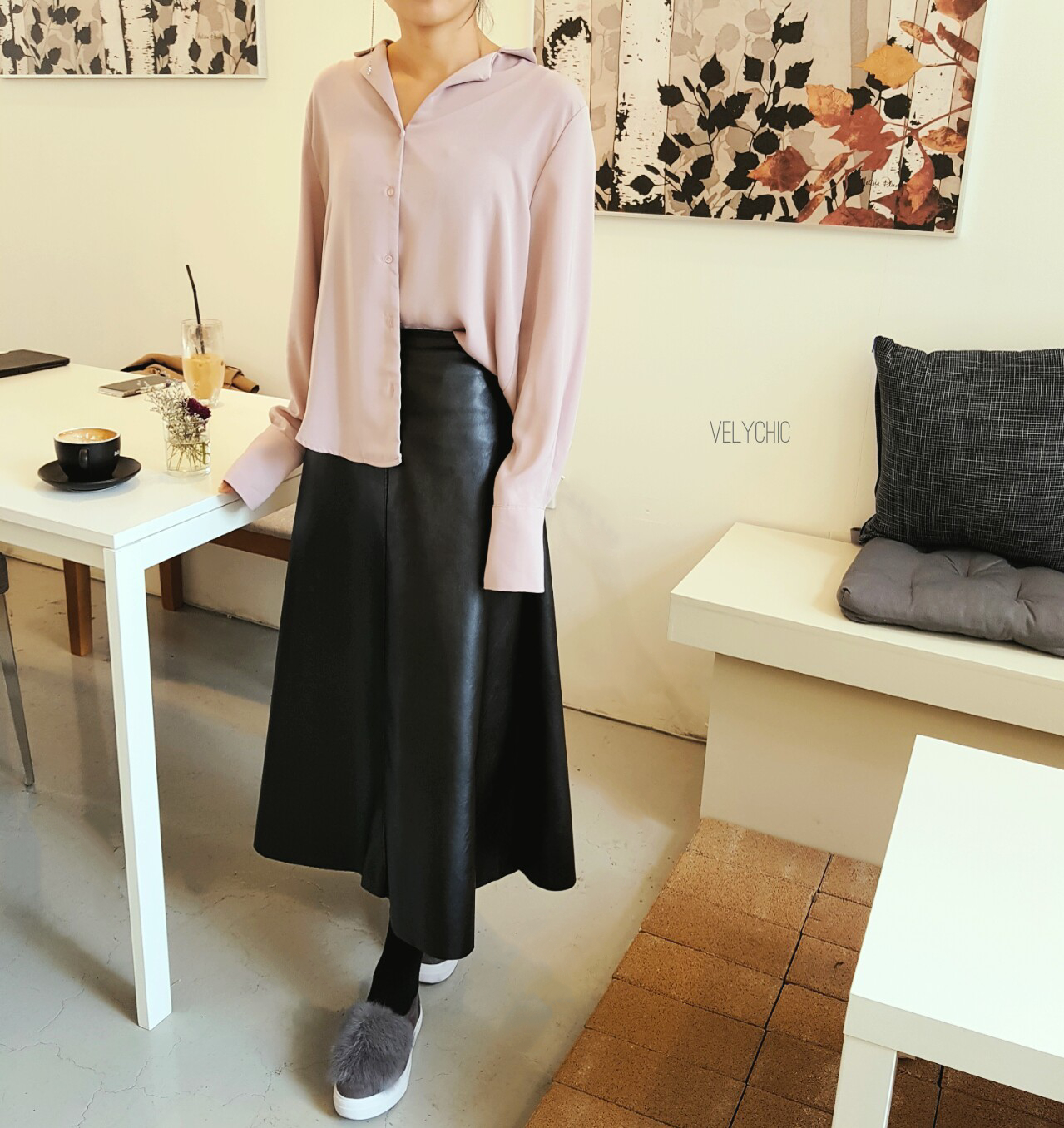 Long skirt leather A-line mom black Women's win