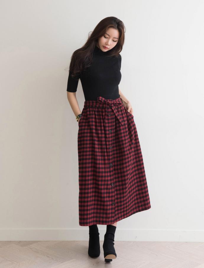Front Button Check Ribbon Long Skirt Winter Autumn