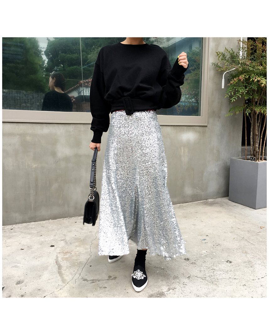 Spangle Long Skirt Point Look Flare Silver skirt f