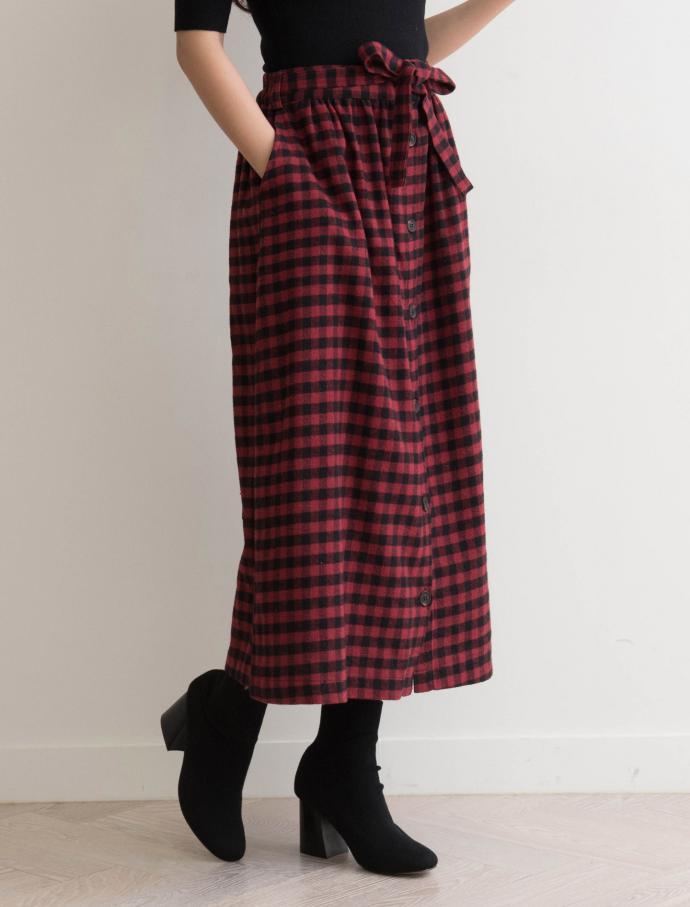 Front Button Check Ribbon Long Skirt Winter Autumn